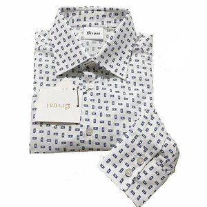 NEW $675 Brioni Fine Cotton Shirt! L  Vintage Inspired White With Blue VHS Tapes
